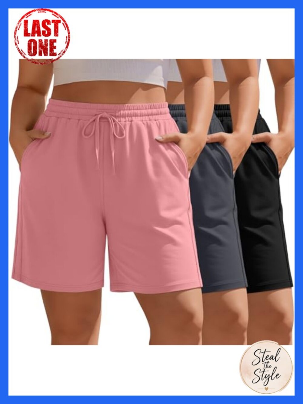 Plus Size Bermuda Shorts 3 Pack Cotton Spandex Drawstring Athletic Active